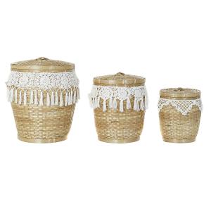 Juego de Cestas DKD Home Decor Blanco Natural Bambú Boho 39 x 39 x 45 cm