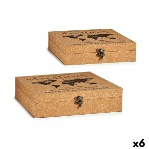 Juego de Cajas Decorativas Mapamundi Marrón Corcho Madera MDF (6 Unidades)